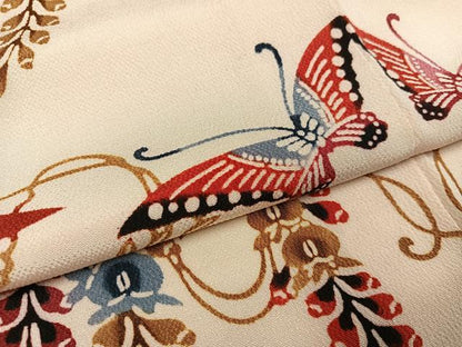 平和屋着物●訪問着　型染め　花鳥舞蝶文　鬼しぼ縮緬　正絹　逸品　AABK7152ph