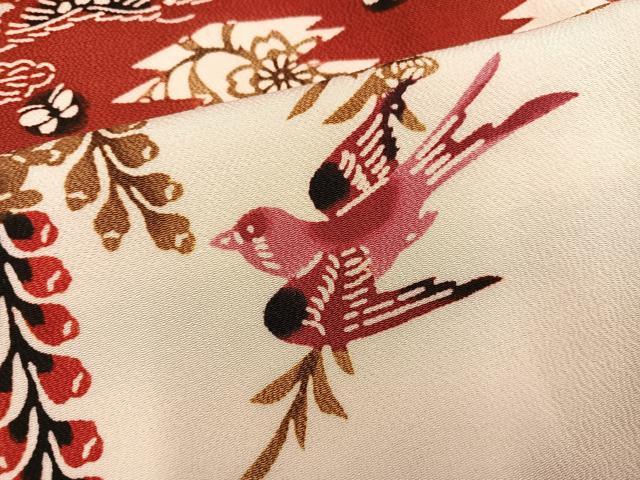 平和屋着物●訪問着　型染め　花鳥舞蝶文　鬼しぼ縮緬　正絹　逸品　AABK7152ph