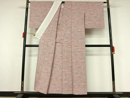 平和屋着物▽小千谷紬　単衣　草花文　正絹　逸品　AABK7163jh