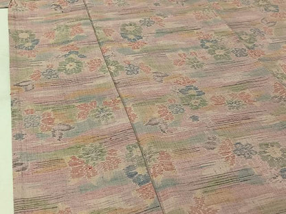 平和屋着物▽小千谷紬　単衣　草花文　正絹　逸品　AABK7163jh