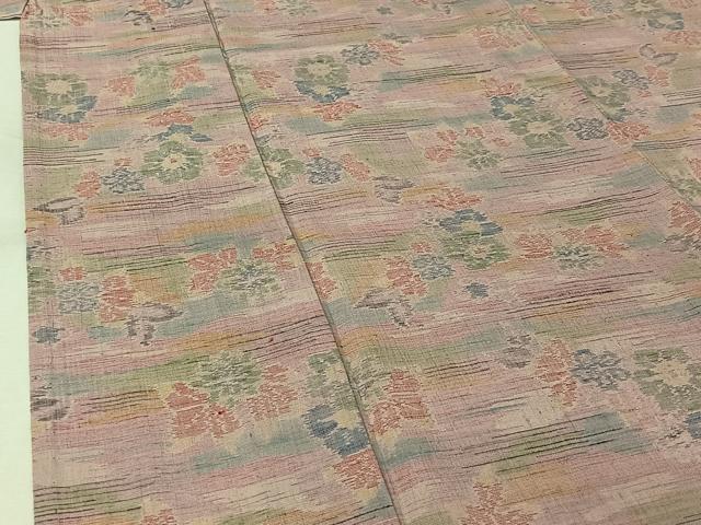 平和屋着物▽小千谷紬　単衣　草花文　正絹　逸品　AABK7163jh