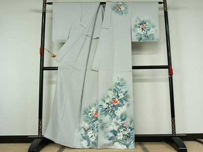 平和屋着物▽訪問着　単衣　手描き　草花文　暈し染め　正絹　逸品　AABK7165jh