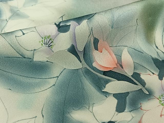 平和屋着物▽訪問着　単衣　手描き　草花文　暈し染め　正絹　逸品　AABK7165jh