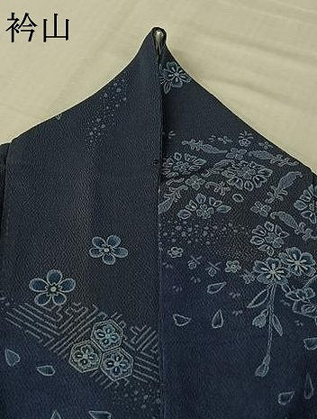 平和屋着物▽訪問着　単衣　藍　吉祥花文　鬼しぼ縮緬　正絹　逸品　AABK7166jh