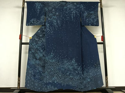 平和屋着物▽訪問着　単衣　藍　吉祥花文　鬼しぼ縮緬　正絹　逸品　AABK7166jh
