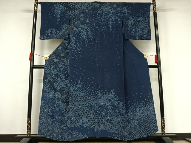 平和屋着物▽訪問着　単衣　藍　吉祥花文　鬼しぼ縮緬　正絹　逸品　AABK7166jh