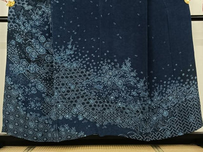 平和屋着物▽訪問着　単衣　藍　吉祥花文　鬼しぼ縮緬　正絹　逸品　AABK7166jh