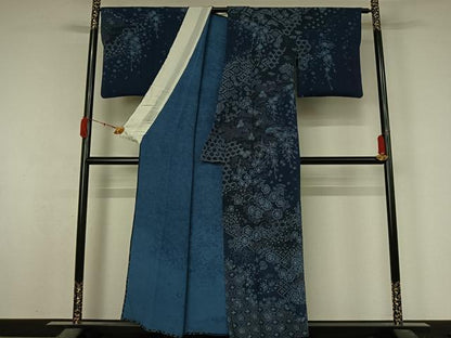 平和屋着物▽訪問着　単衣　藍　吉祥花文　鬼しぼ縮緬　正絹　逸品　AABK7166jh