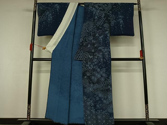 平和屋着物▽訪問着　単衣　藍　吉祥花文　鬼しぼ縮緬　正絹　逸品　AABK7166jh