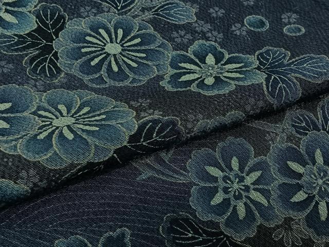 平和屋着物▽訪問着　単衣　藍　吉祥花文　鬼しぼ縮緬　正絹　逸品　AABK7166jh