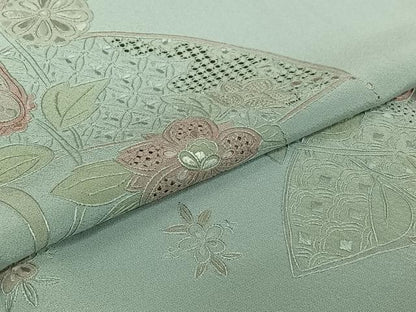 平和屋着物▽訪問着　単衣　中国三大刺繍　汕頭刺繍　スワトウ刺繍　総刺繍　地紙花文　正絹　逸品　AABK7172jh