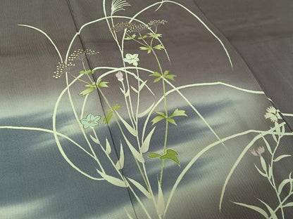 平和屋着物▽訪問着　単衣　草花文　暈し染め　金彩　正絹　逸品　AABK7173jh