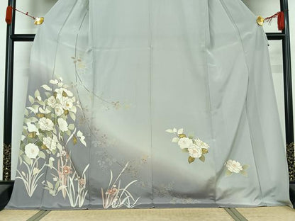 平和屋着物▽訪問着　単衣　中国三大刺繍　相良刺繍　友禅　草花文　暈し染め　金彩　ロング丈　正絹　逸品　AABK7177jh