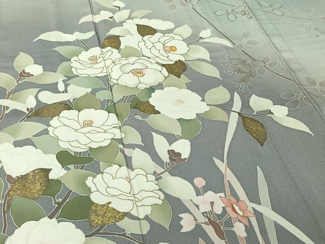 平和屋着物▽訪問着　単衣　中国三大刺繍　相良刺繍　友禅　草花文　暈し染め　金彩　ロング丈　正絹　逸品　AABK7177jh
