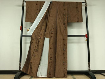 平和屋着物▽上質な紬　単衣　花間道　正絹　逸品　AABK7178jh