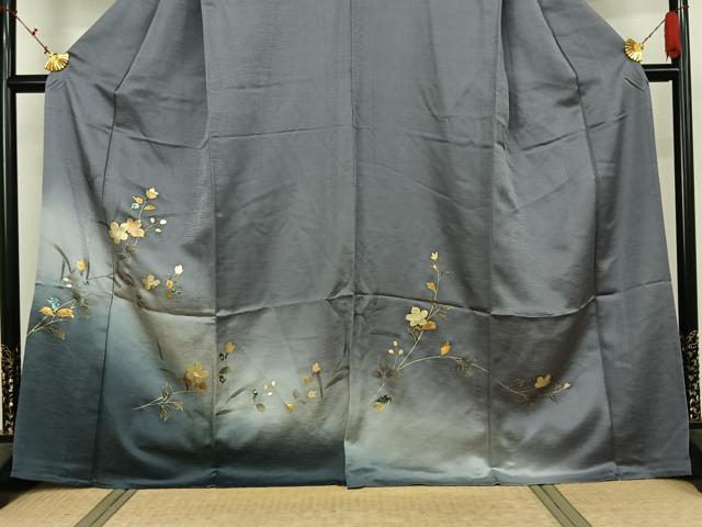 平和屋着物▽訪問着　単衣　草花文　暈し染め　金銀彩　正絹　逸品　AABK7182jh