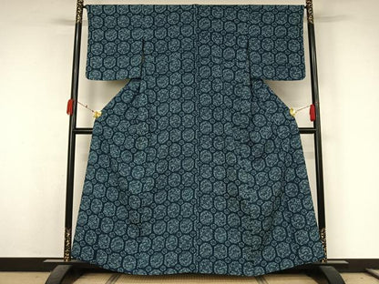 平和屋着物▽上質な小紋　単衣　藍　型染め　流水　松竹梅　正絹　逸品　未使用　AABK7186jh