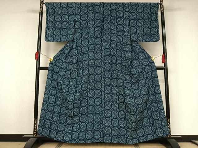 平和屋着物▽上質な小紋　単衣　藍　型染め　流水　松竹梅　正絹　逸品　未使用　AABK7186jh