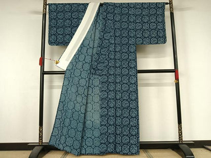 平和屋着物▽上質な小紋　単衣　藍　型染め　流水　松竹梅　正絹　逸品　未使用　AABK7186jh