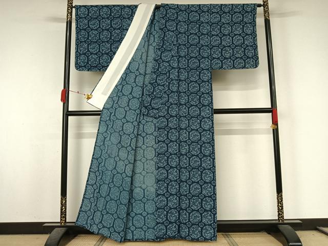 平和屋着物▽上質な小紋　単衣　藍　型染め　流水　松竹梅　正絹　逸品　未使用　AABK7186jh
