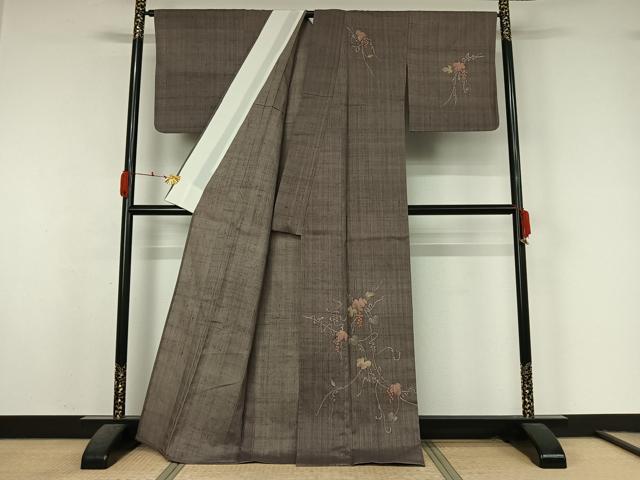 平和屋着物▽訪問着　単衣　紬地　手描き　葡萄唐草文　正絹　逸品　AABK7187jh
