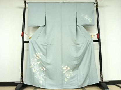 平和屋着物▽訪問着　単衣　駒刺繍　草花文　金彩　正絹　逸品　AABK7188jh