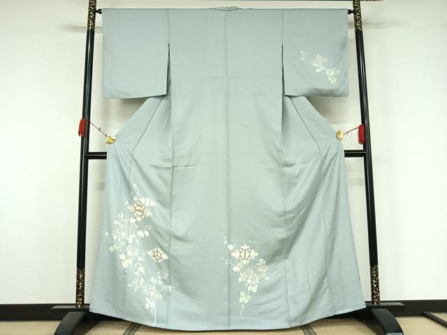 平和屋着物▽訪問着　単衣　駒刺繍　草花文　金彩　正絹　逸品　AABK7188jh