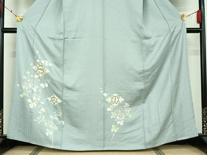 平和屋着物▽訪問着　単衣　駒刺繍　草花文　金彩　正絹　逸品　AABK7188jh
