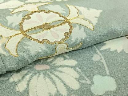 平和屋着物▽訪問着　単衣　駒刺繍　草花文　金彩　正絹　逸品　AABK7188jh