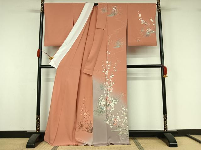 平和屋着物▽訪問着　単衣　友禅　流水花文　暈し染め　金銀彩　正絹　逸品　AABK7191jh