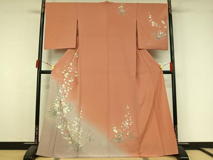 平和屋着物▽訪問着　単衣　友禅　流水花文　暈し染め　金銀彩　正絹　逸品　AABK7191jh