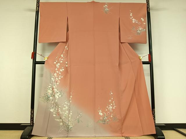 平和屋着物▽訪問着　単衣　友禅　流水花文　暈し染め　金銀彩　正絹　逸品　AABK7191jh