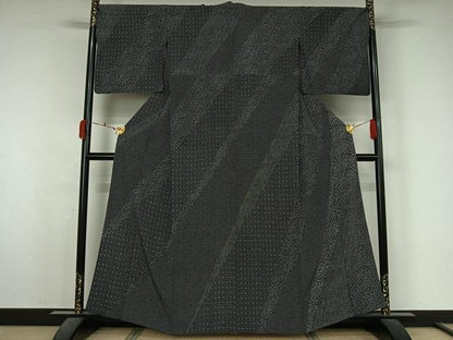 平和屋着物▽上質な小紋　単衣　笹竹花文　黒地　正絹　逸品　AABK7193jh