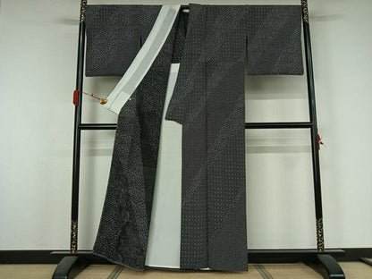 平和屋着物▽上質な小紋　単衣　笹竹花文　黒地　正絹　逸品　AABK7193jh