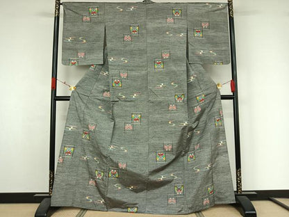 平和屋着物▽上質な紬　単衣　舞蝶文　正絹　逸品　AABK7197jh