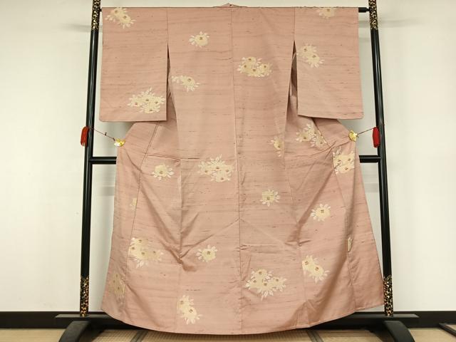 平和屋着物▽上質な紬　単衣　草花文　正絹　逸品　AABK7202jh