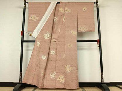 平和屋着物▽上質な紬　単衣　草花文　正絹　逸品　AABK7202jh