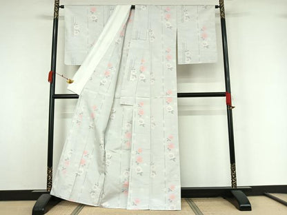 平和屋着物▽上質な紬　単衣　草花文　正絹　逸品　AABK7203jh