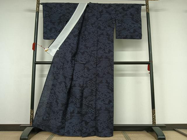 平和屋着物▽上質な紬　単衣　地紙吉祥花文　正絹　逸品　AABK7204jh