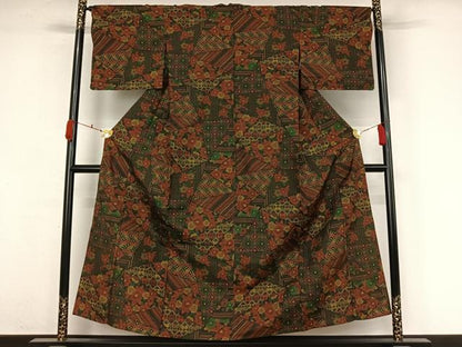 平和屋着物▽上質な紬　単衣　切嵌花文　正絹　逸品　AABK7205jh