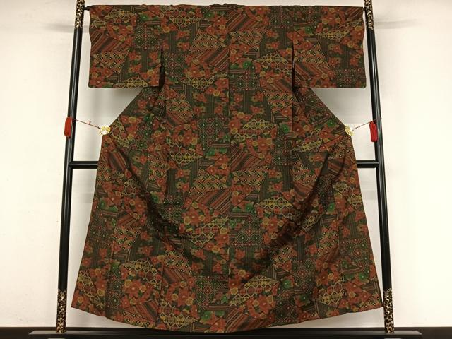 平和屋着物▽上質な紬　単衣　切嵌花文　正絹　逸品　AABK7205jh