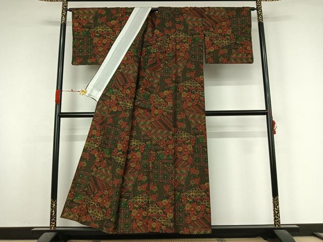 平和屋着物▽上質な紬　単衣　切嵌花文　正絹　逸品　AABK7205jh