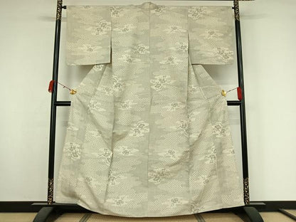 平和屋着物▽上質な紬　単衣　雲取り花文　正絹　逸品　AABK7206jh