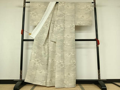 平和屋着物▽上質な紬　単衣　雲取り花文　正絹　逸品　AABK7206jh
