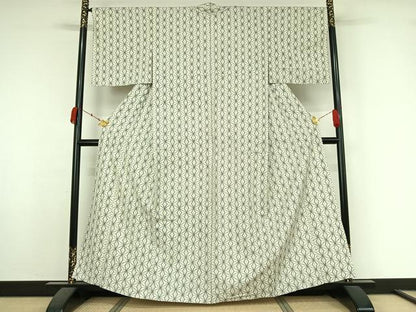 平和屋着物▽上質な紬　単衣　麻の葉文様　正絹　逸品　AABK7207jh