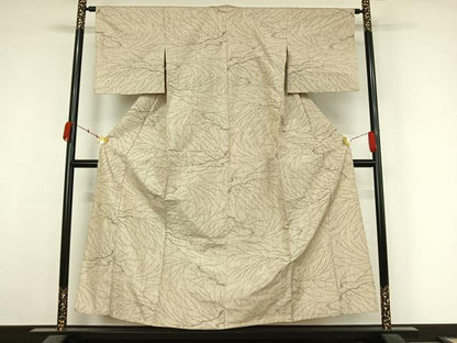 平和屋着物▽上質な紬　単衣　枝葉文　正絹　逸品　AABK7208jh