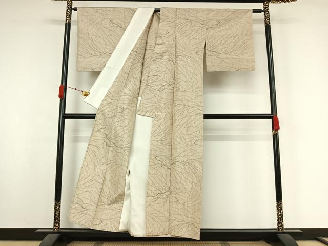 平和屋着物▽上質な紬　単衣　枝葉文　正絹　逸品　AABK7208jh