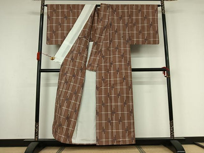 平和屋着物▽上質な紬　単衣　格子　正絹　逸品　AABK7209jh
