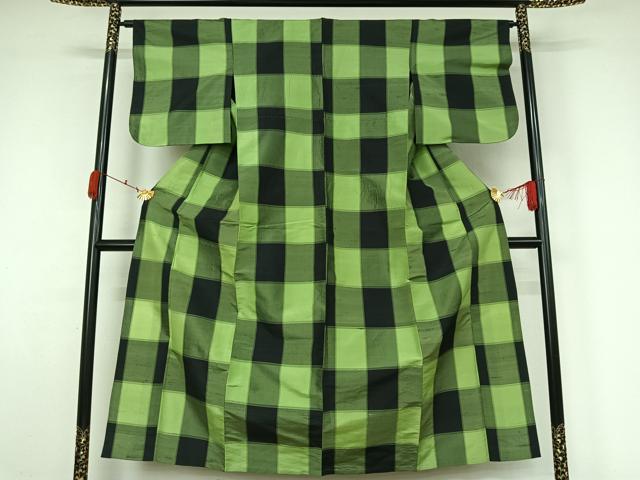 平和屋着物▽上質な紬　単衣　格子　正絹　逸品　AABK7214jh