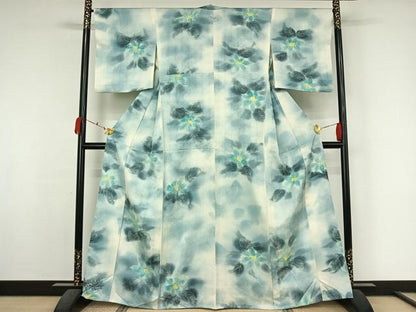 平和屋着物▽上質な小紋　単衣　草花文　暈し染め　正絹　逸品　AABK7217jh